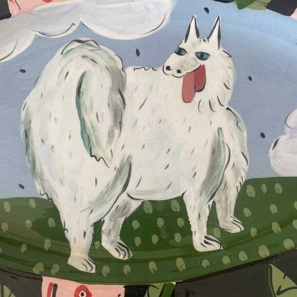 RARE Droll Designs Ceramic Large Oval Serving Platter White Fluffy Dog Whimsical - Picture 5 of 7